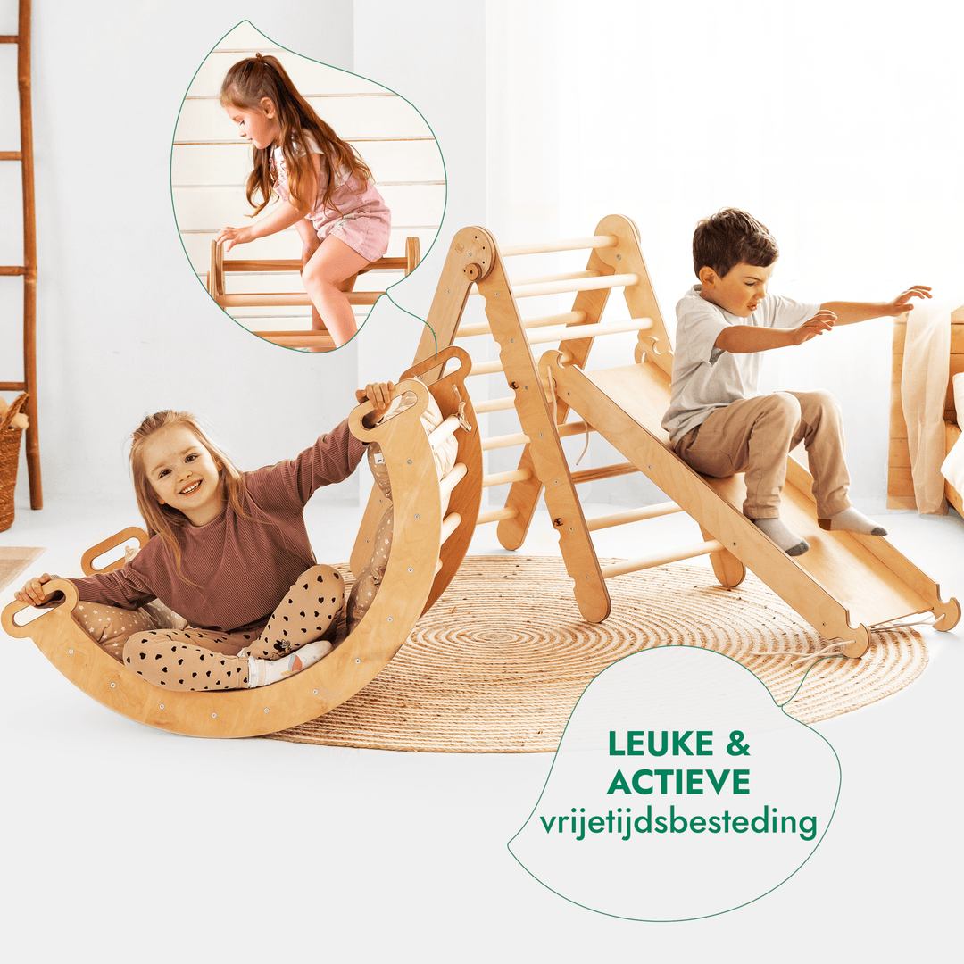 4 - in - 1 Montessori - Klimrek: Driehoek Ladder + Klimboog + Glijbaan + Kussen Beige - Goodevas NL