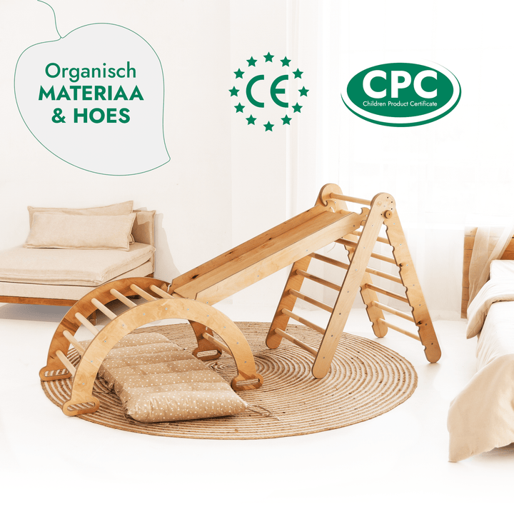 4 - in - 1 Montessori - Klimrek: Driehoek Ladder + Klimboog + Glijbaan + Kussen Beige - Goodevas NL