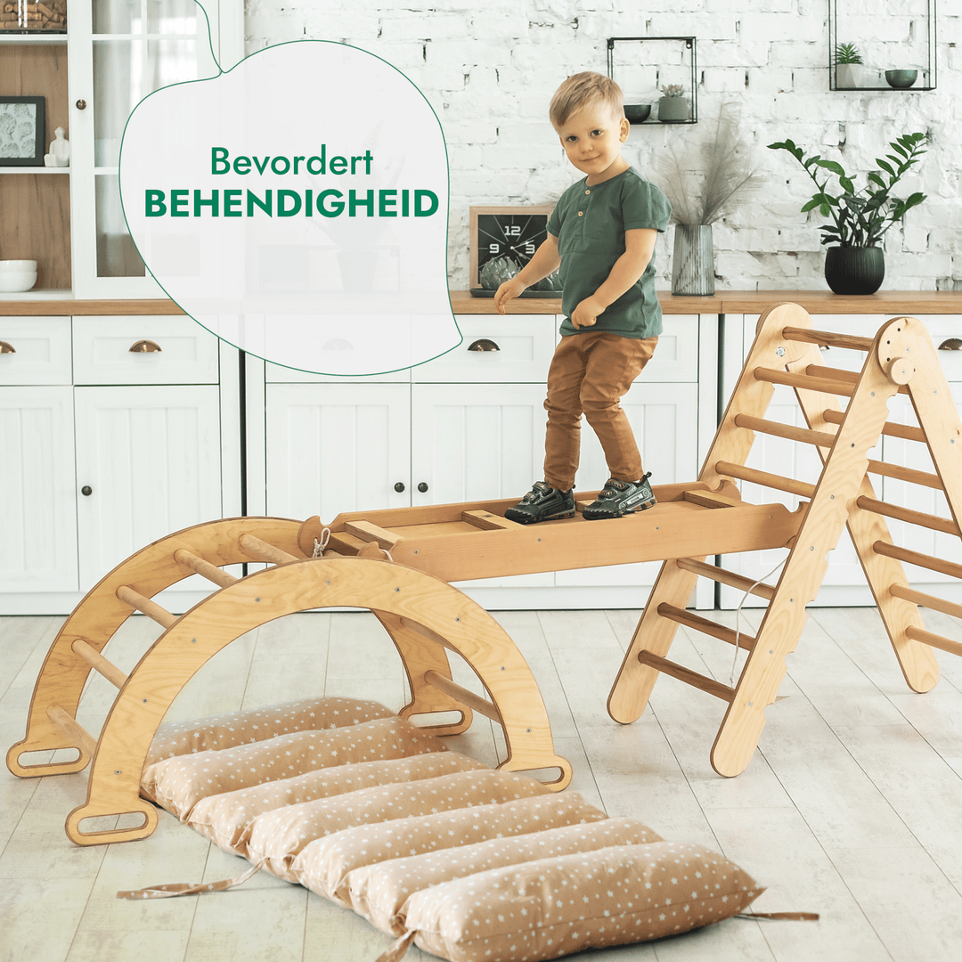 4 - in - 1 Montessori - Klimrek: Driehoek Ladder + Klimboog + Glijbaan + Kussen Beige - Goodevas NL