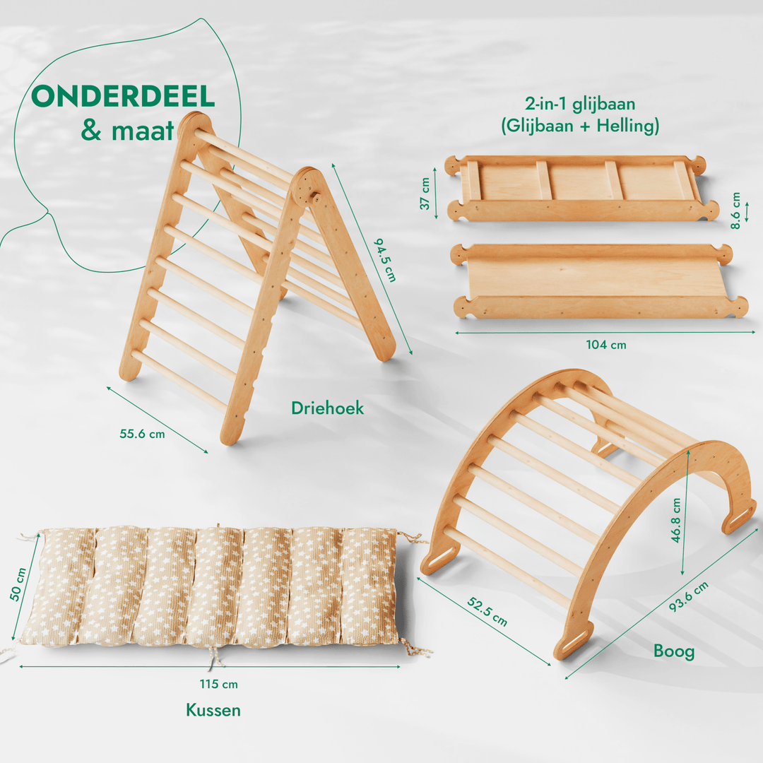 4 - in - 1 Montessori - Klimrek: Driehoek Ladder + Klimboog + Glijbaan + Kussen Beige - Goodevas NL