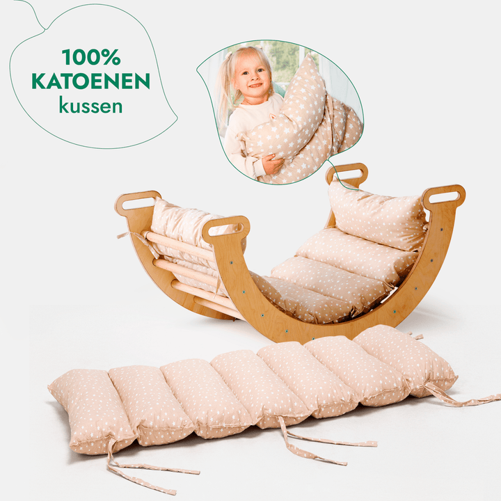 4 - in - 1 Montessori - Klimrek: Driehoek Ladder + Klimboog + Glijbaan + Kussen Beige - Goodevas NL