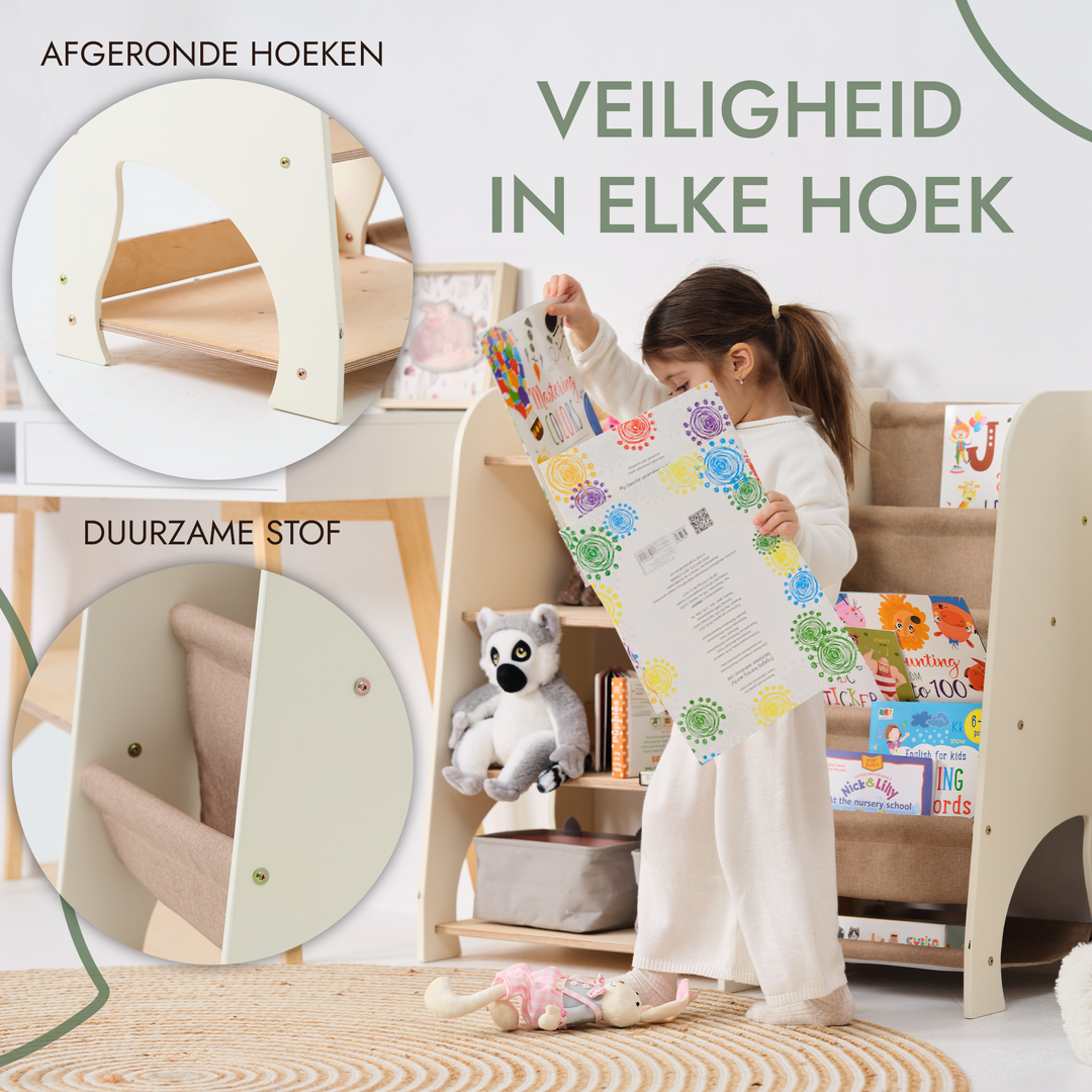 Houten Montessori Planken 2-in-1: Boekenplank & Speelgoed Planken