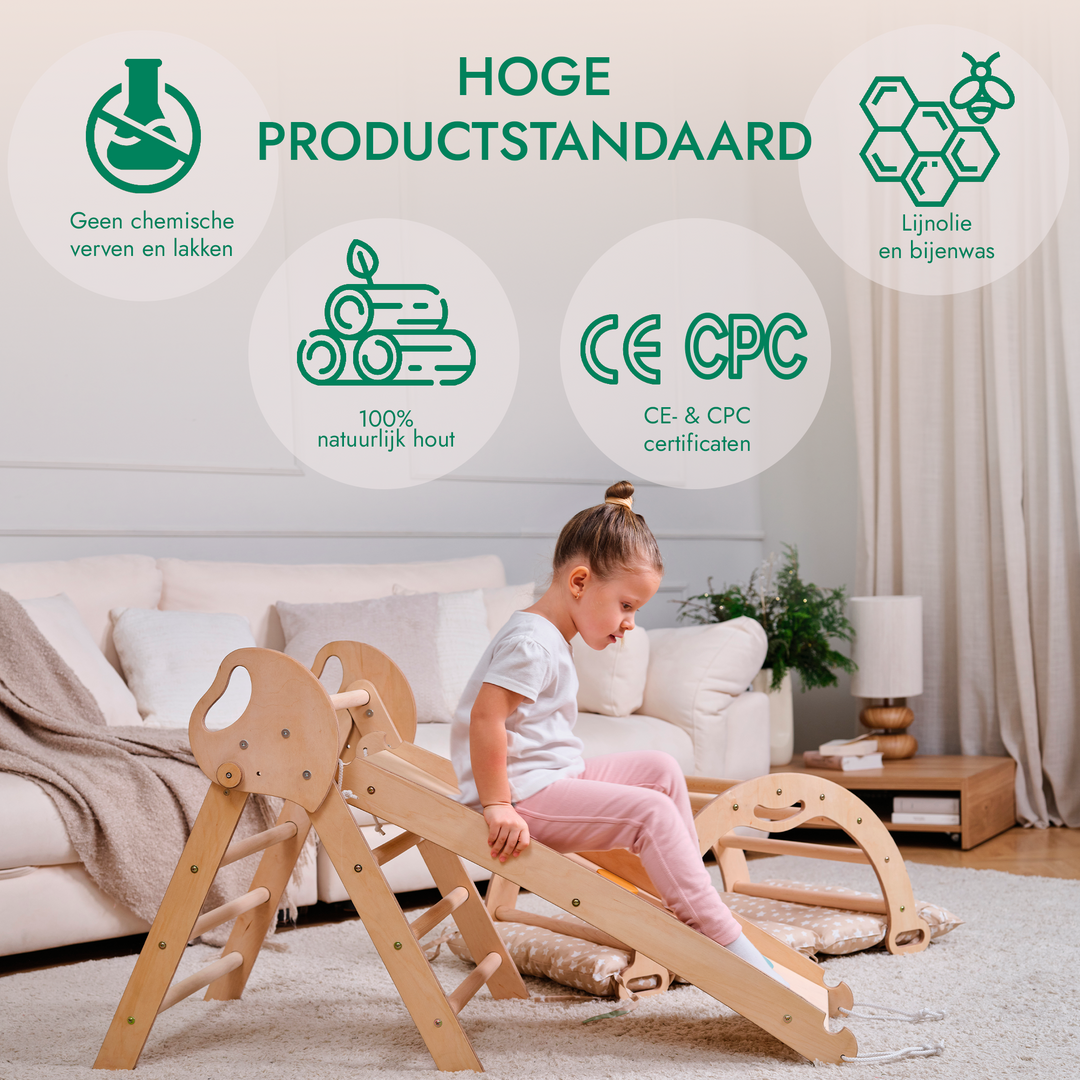 4-in-1 Klimset voor Peuters: Driehoek Ladder + Klimboog + Glijbaan + Kussen (1-3 jaar)