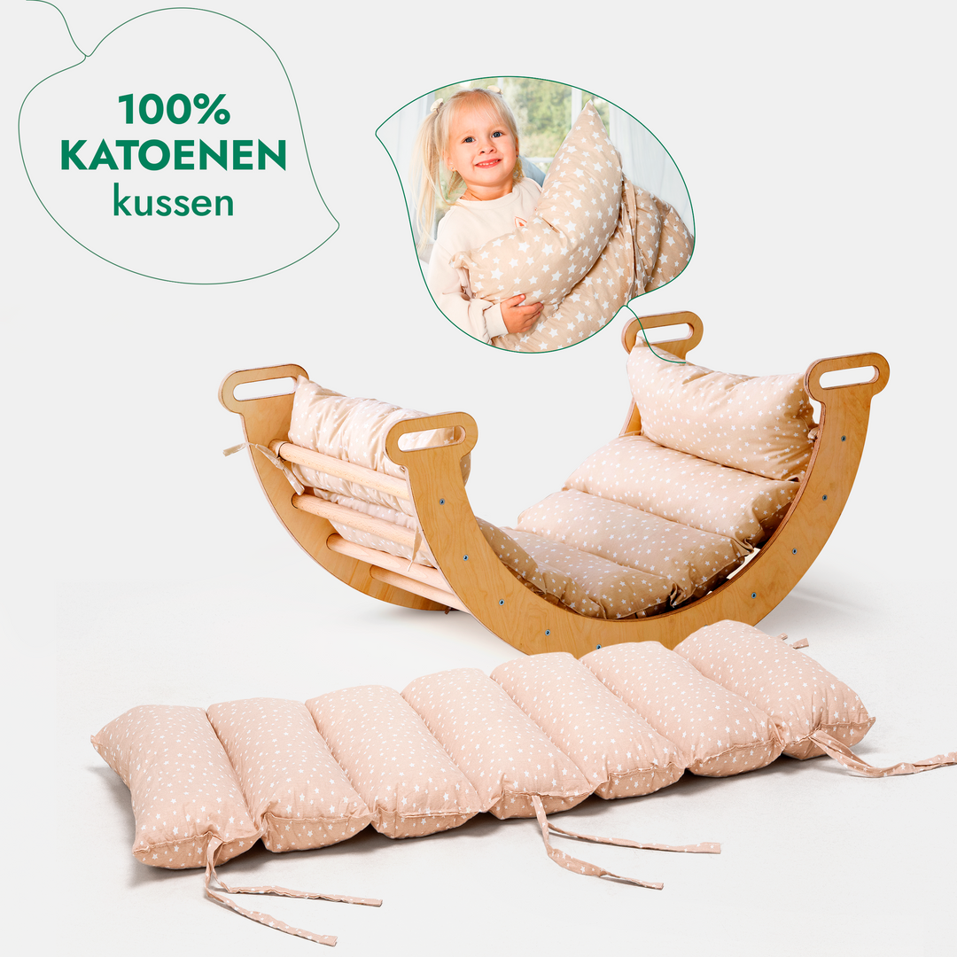 4-in-1 Montessori-Klimrek: Driehoek Ladder + Klimboog + Glijbaan + Kussen Beige