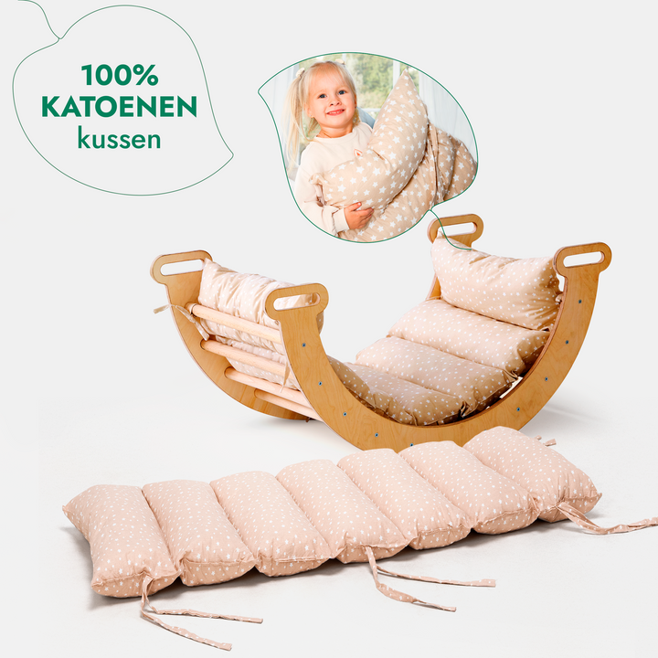 4-in-1 Montessori-Klimrek: Driehoek Ladder + Klimboog + Glijbaan + Kussen Beige