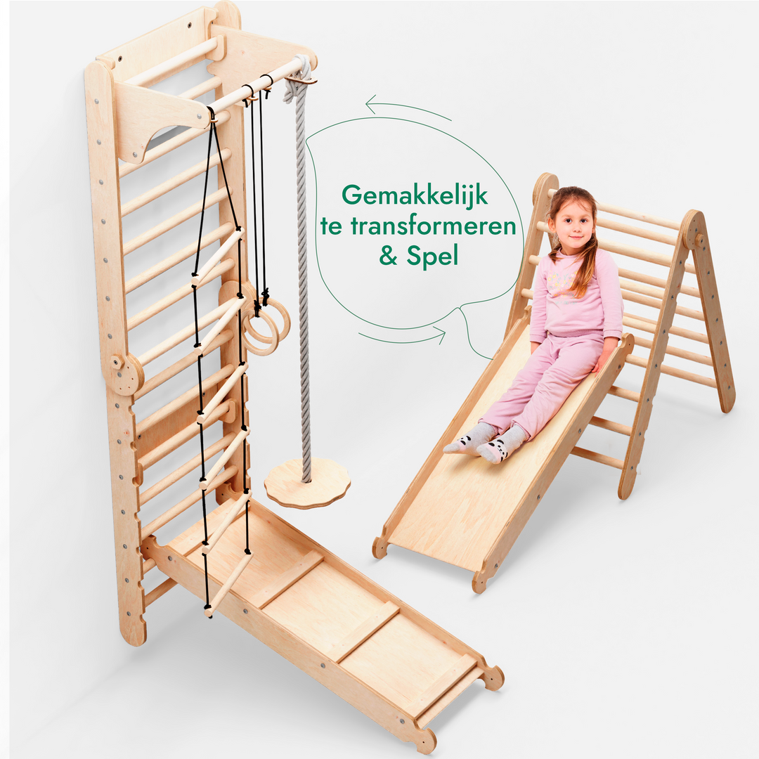 6-in-1 Houten Zweedse Wand-/Klimladder voor Kinderen + Schommel Set + Glijbaan
