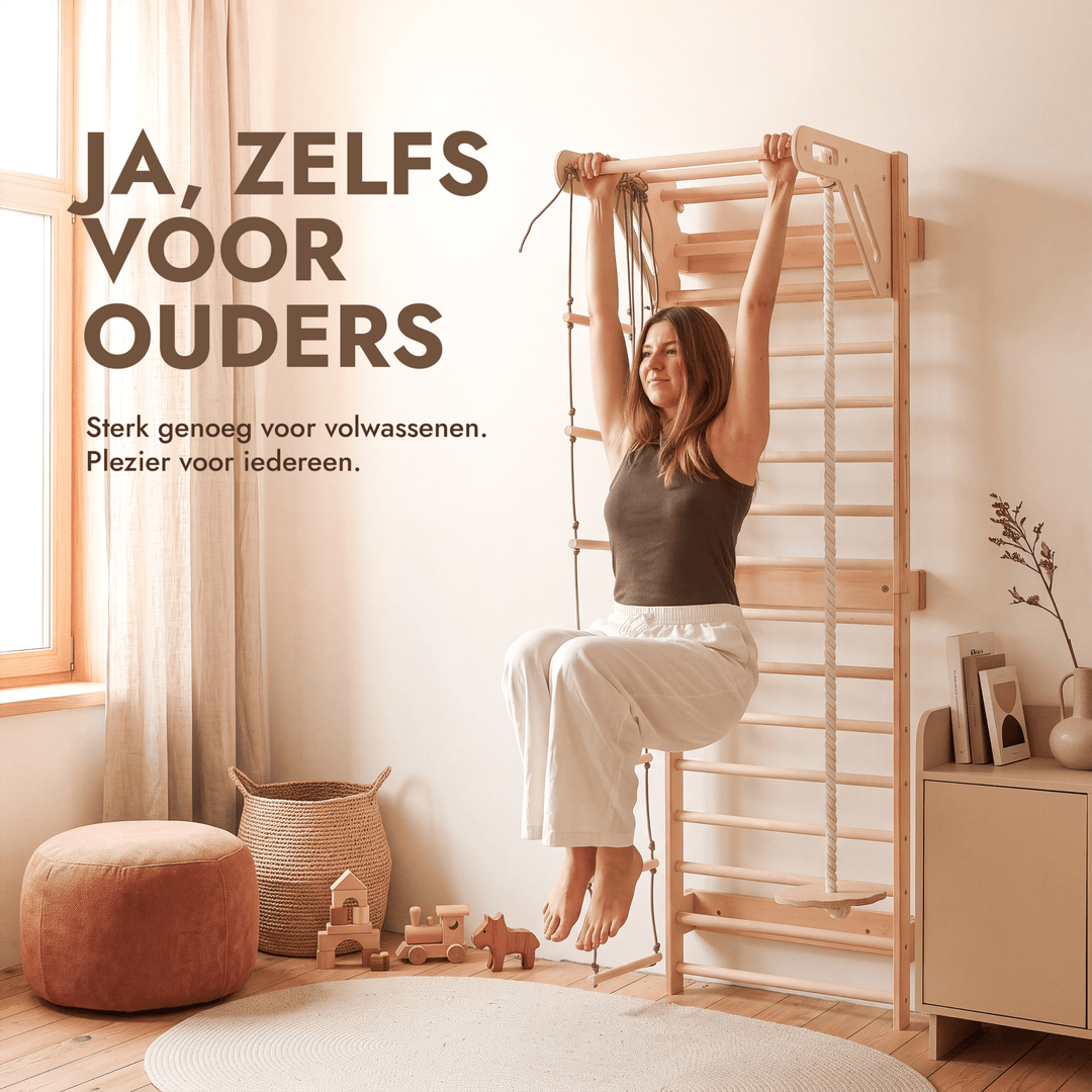 5-in-1 Houten Klimrek voor kinderen met optrekstang & 3in1 schommelset - Goodevas NL
