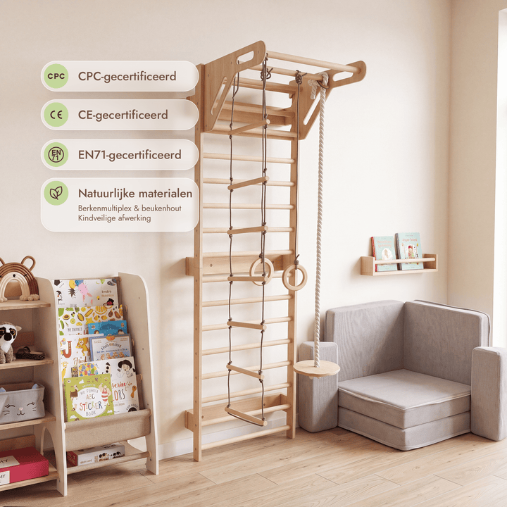 5-in-1 Houten Klimrek voor kinderen met optrekstang & 3in1 schommelset - Goodevas NL