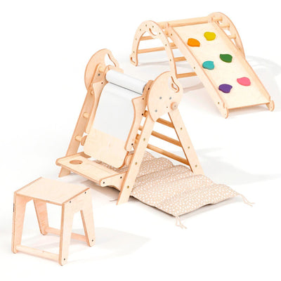 5-in-1 Klimset voor Peuters: Driehoek Ladder + Klimboog + Glijbaan + Kunsttoevoeging + Kussen (1-3 jaar)