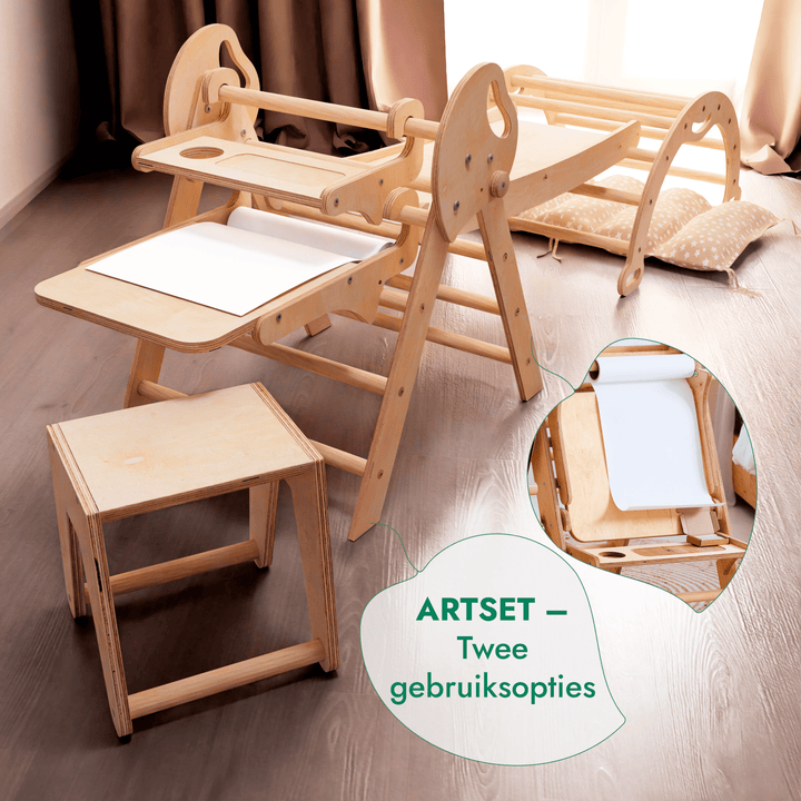 5 - in - 1 Klimset voor Peuters: Driehoek Ladder + Klimboog + Glijbaan + Kunsttoevoeging + Kussen (1 - 3 jaar) - Goodevas NL