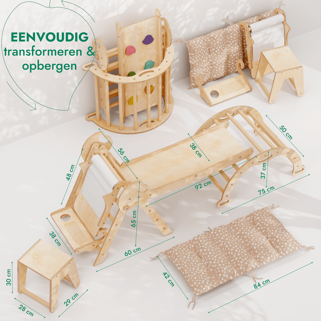 5 - in - 1 Klimset voor Peuters: Driehoek Ladder + Klimboog + Glijbaan + Kunsttoevoeging + Kussen (1 - 3 jaar) - Goodevas NL