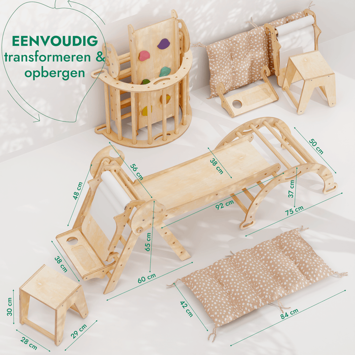 5 - in - 1 Klimset voor Peuters: Driehoek Ladder + Klimboog + Glijbaan + Kunsttoevoeging + Kussen (1 - 3 jaar) - Goodevas NL