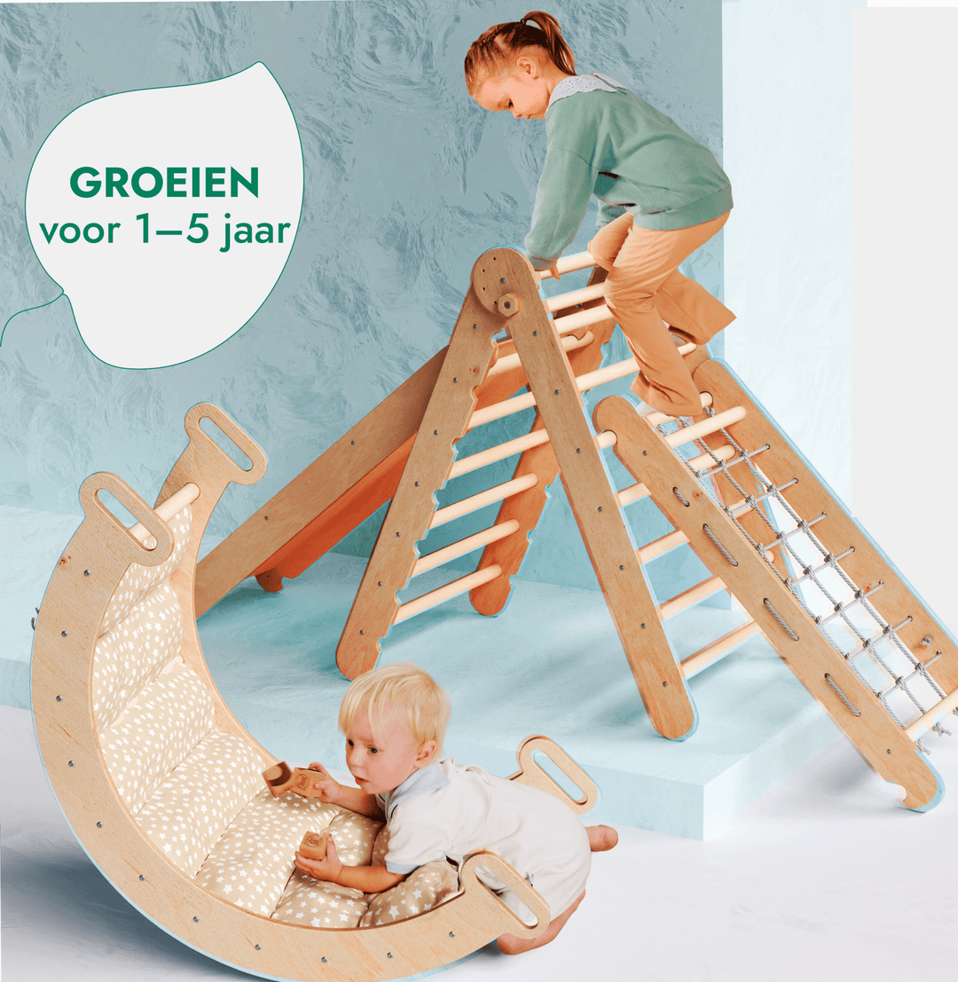 5 - in - 1 Montessori - Klimrek Set: Driehoek Ladder + Klimboog/Schommelstoel + Glijbaan/Helling + Touwennet + Kussen - Goodevas NL