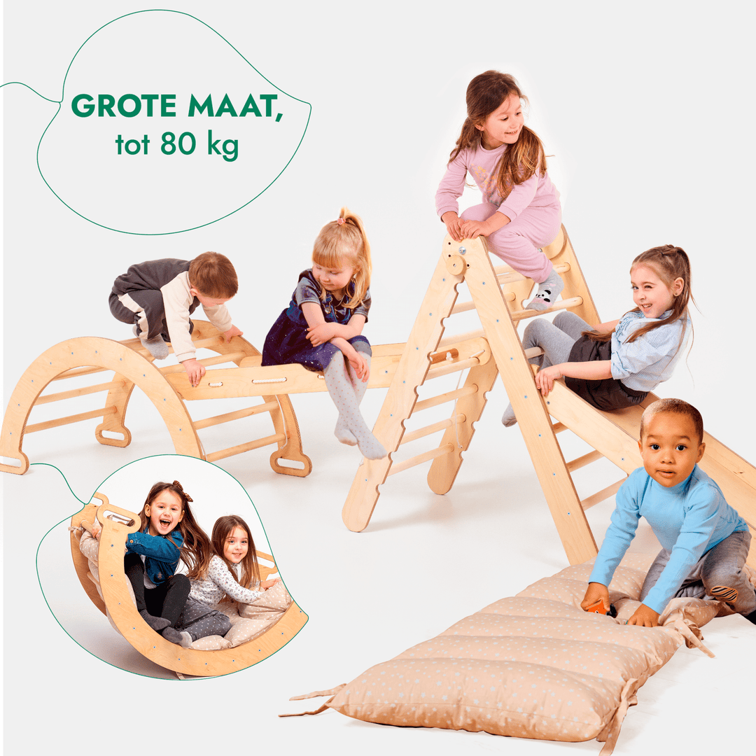 5 - in - 1 Montessori - Klimrek Set: Driehoek Ladder + Klimboog/Schommelstoel + Glijbaan/Helling + Touwennet + Kussen - Goodevas NL