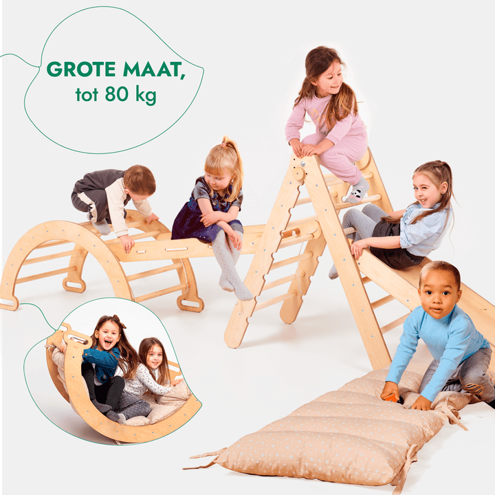5 - in - 1 Montessori - Klimrek Set: Driehoek Ladder + Klimboog/Schommelstoel + Glijbaan/Helling + Touwennet + Kussen - Goodevas NL