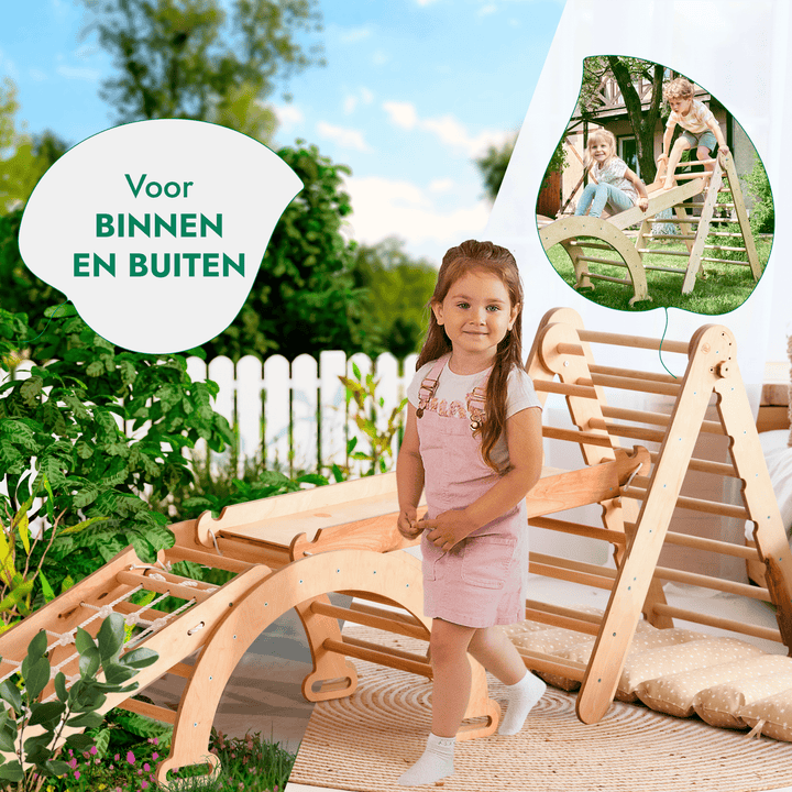 5 - in - 1 Montessori - Klimrek Set: Driehoek Ladder + Klimboog/Schommelstoel + Glijbaan/Helling + Touwennet + Kussen - Goodevas NL