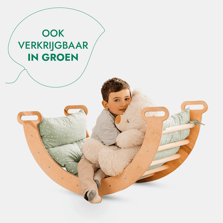 5 - in - 1 Montessori - Klimrek Set: Driehoek Ladder + Klimboog/Schommelstoel + Glijbaan/Helling + Touwennet + Kussen - Goodevas NL