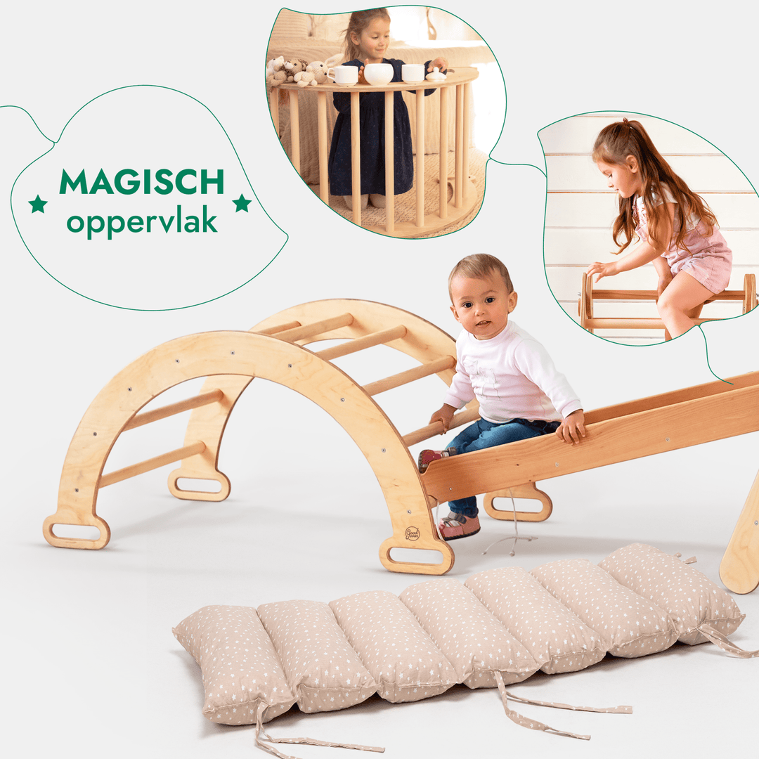 5 - in - 1 Montessori - Klimrek Set: Driehoek Ladder + Klimboog/Schommelstoel + Glijbaan/Helling + Touwennet + Kussen - Goodevas NL