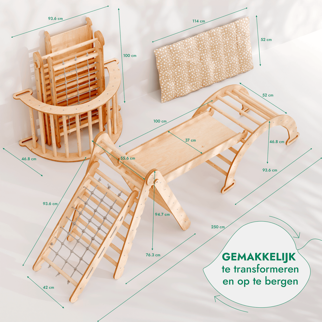 5 - in - 1 Montessori - Klimrek Set: Driehoek Ladder + Klimboog/Schommelstoel + Glijbaan/Helling + Touwennet + Kussen - Goodevas NL