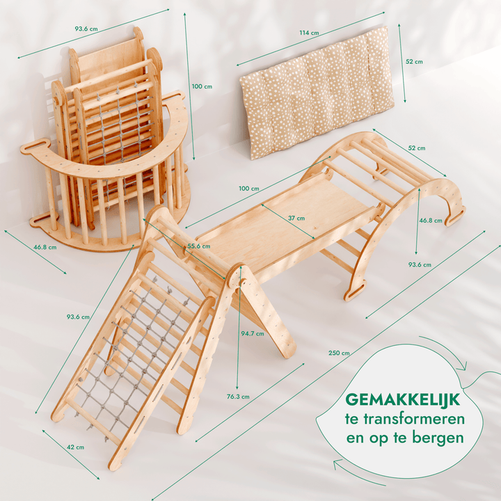 5 - in - 1 Montessori - Klimrek Set: Driehoek Ladder + Klimboog/Schommelstoel + Glijbaan/Helling + Touwennet + Kussen - Goodevas NL