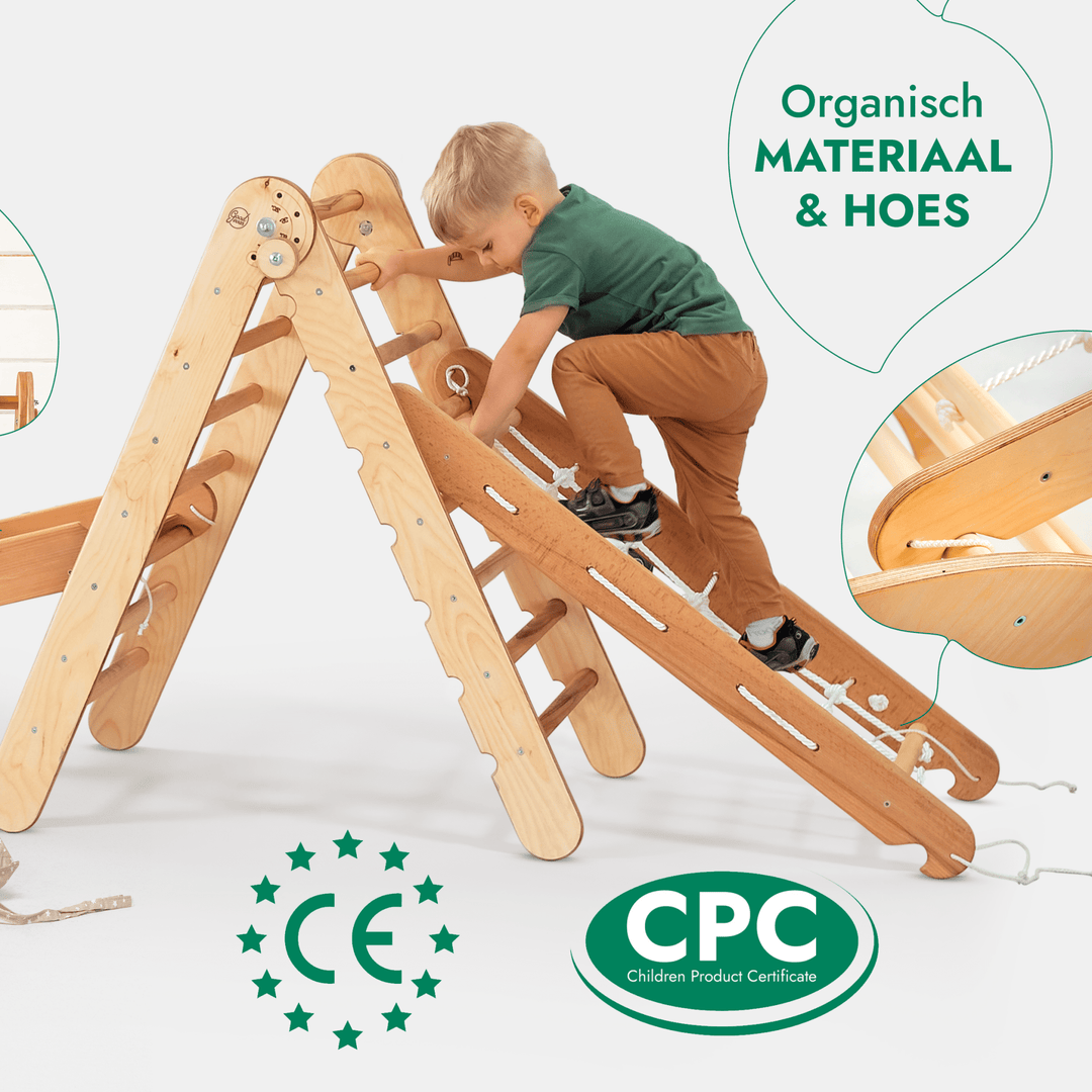 5 - in - 1 Montessori - Klimrek Set: Driehoek Ladder + Klimboog/Schommelstoel + Glijbaan/Helling + Touwennet + Kussen - Goodevas NL