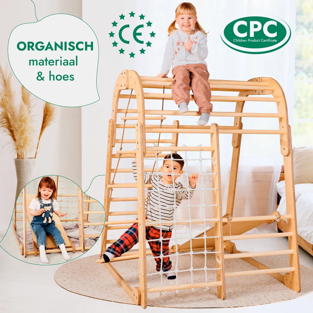 Houten Binnenspeeltuin voor kinderen – 6-in-1 Speeltuin + Schommel set + Glijbaan