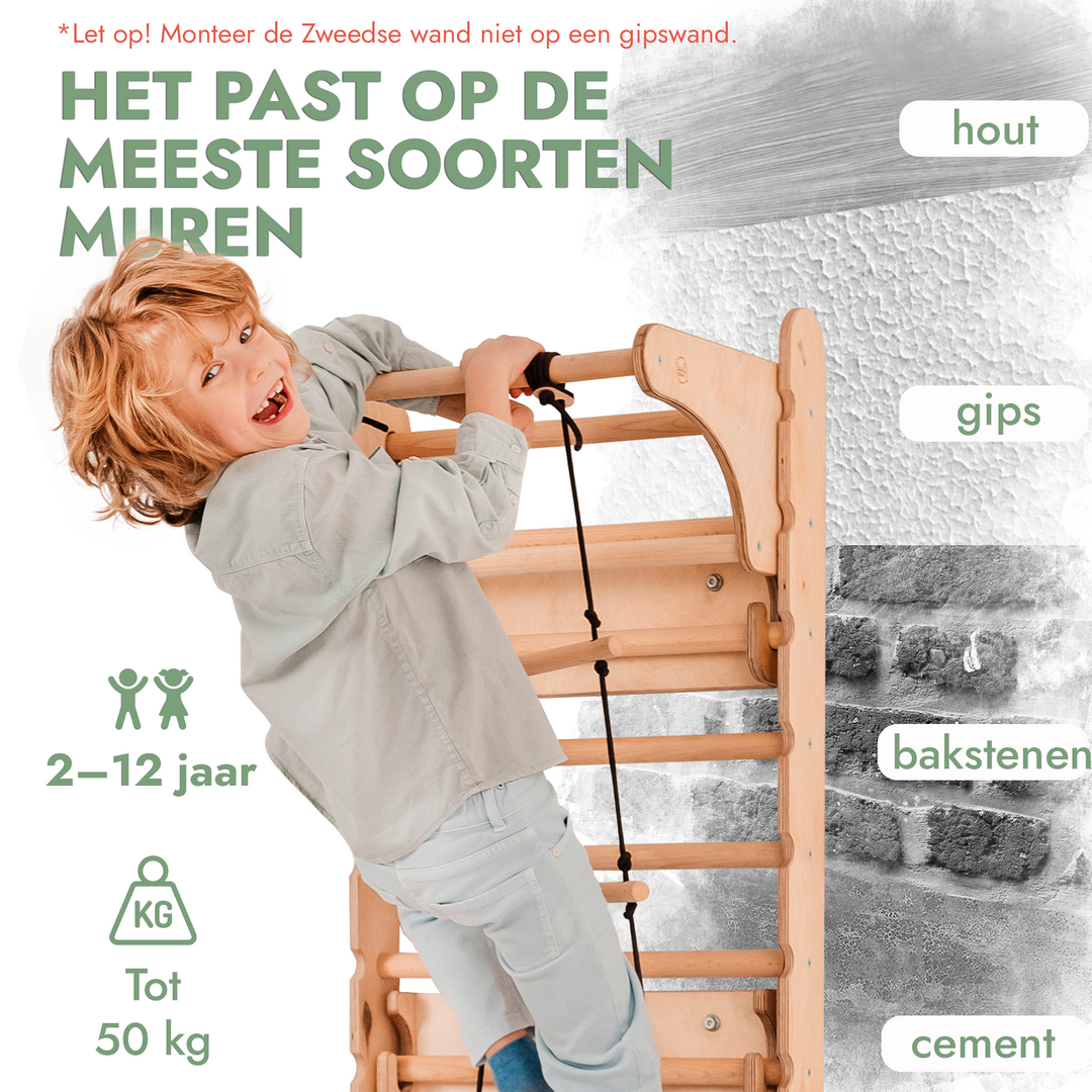4-in-1 Houten Zweedse Wand-/Klimladder voor Kinderen + Schommel Set + Glijbaan + Kunsttoevoeging
