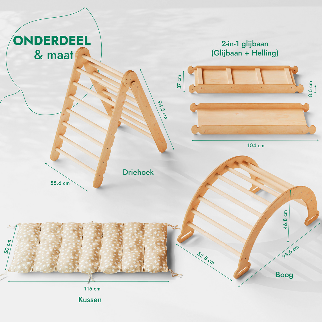 4-in-1 Montessori-Klimrek: Driehoek Ladder + Klimboog + Glijbaan + Kussen Beige