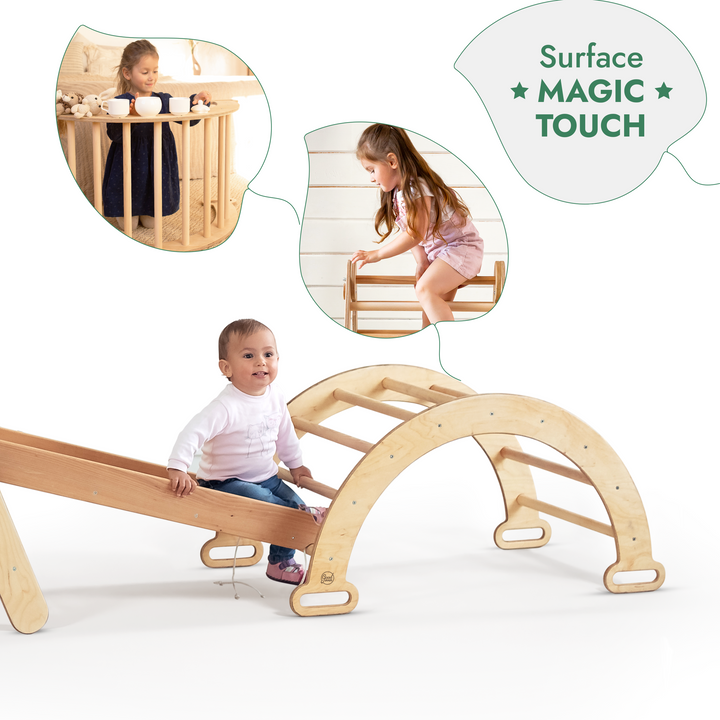 4-in-1 Montessori-klimrekset: Driehoek Ladder + Boog/Schommelstoel + Glijbaan/Helling + Touwennet