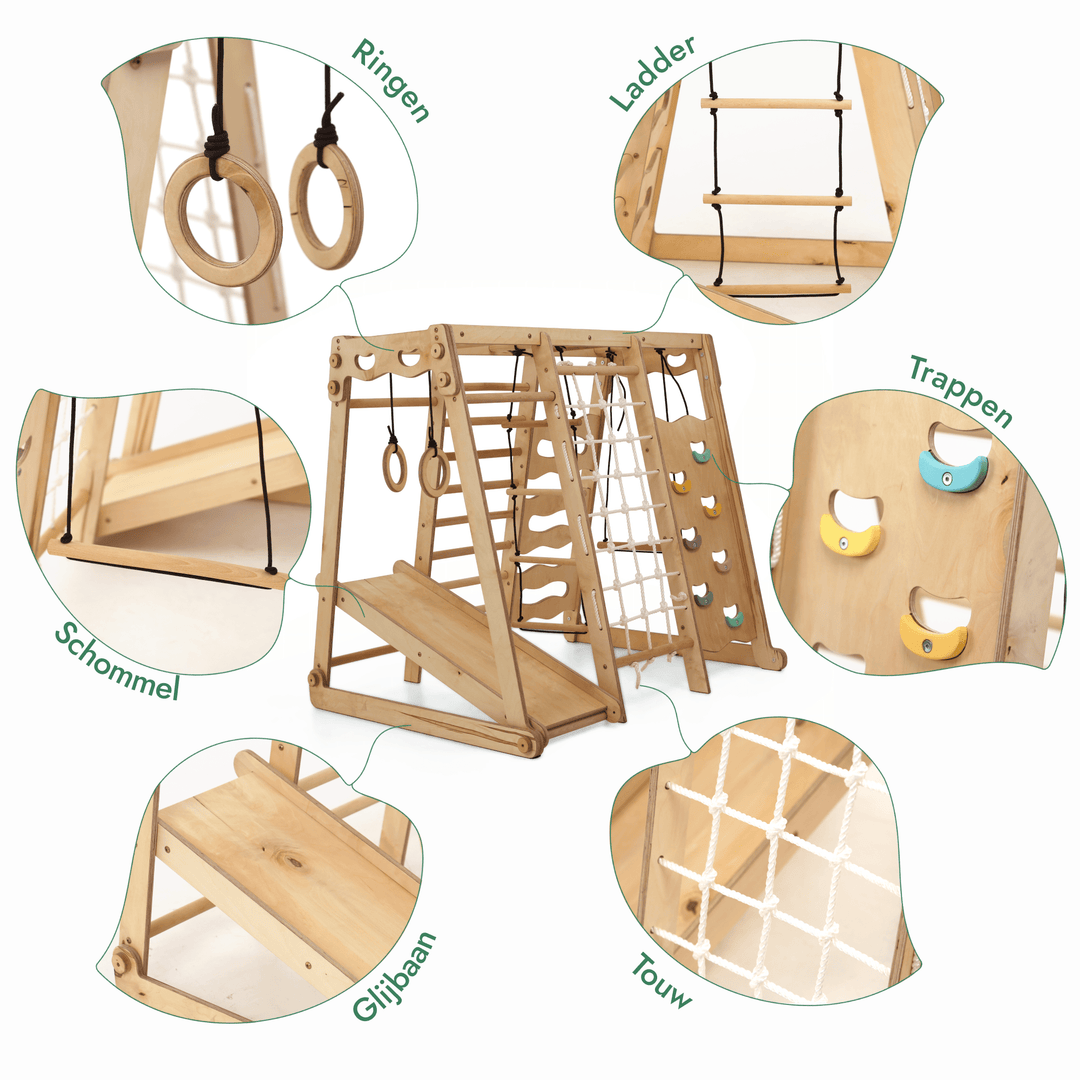 6 - in - 1 Houten Indoor - speelplaats voor Kinderen – Schommel, Glijbaan, Touw en Trap - Goodevas NL
