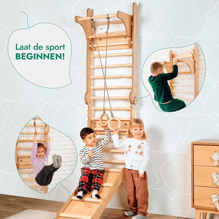 6 - in - 1 Houten Zweedse Wand - /Klimladder voor Kinderen + Schommel Set + Glijbaan - Goodevas NL