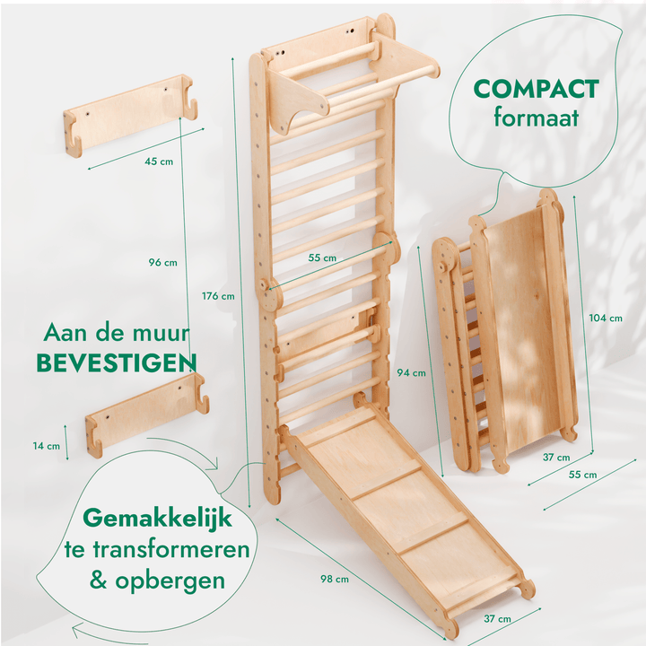 6 - in - 1 Houten Zweedse Wand - /Klimladder voor Kinderen + Schommel Set + Glijbaan - Goodevas NL