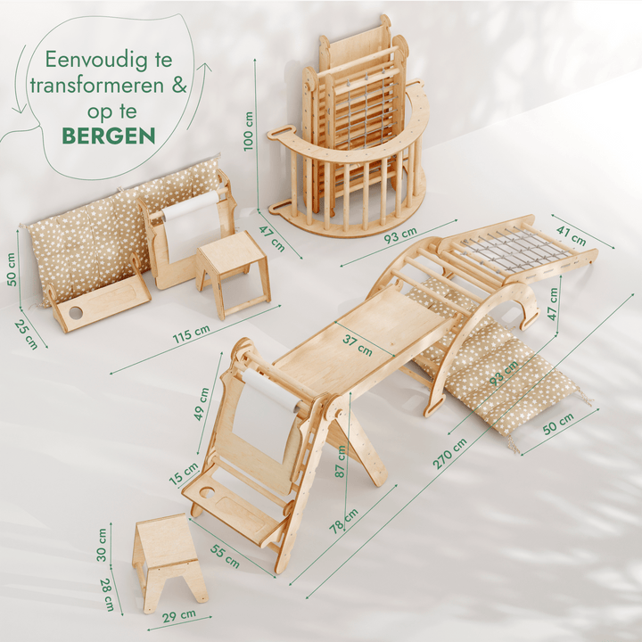 6 - in - 1 Montessori - Klimrek Set: Driehoek Ladder + Boog/Schommelstoel + Glijbaan/Helling + Net + Kussen + kunsttoevoeging - Goodevas NL