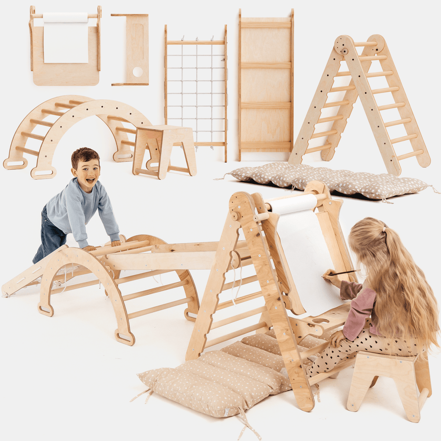 6 - in - 1 Montessori - Klimrek Set: Driehoek Ladder + Boog/Schommelstoel + Glijbaan/Helling + Net + Kussen + kunsttoevoeging - Goodevas NL