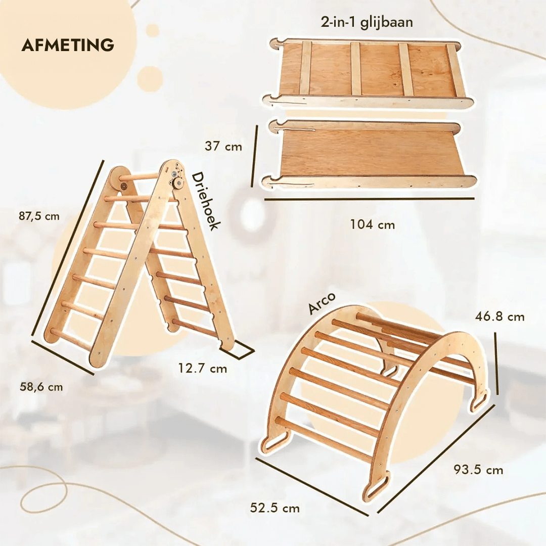 6 - in - 1 Montessori - Klimrek Set: Driehoek Ladder + Boog/Schommelstoel + Glijbaan/Helling + Net + Kussen + kunsttoevoeging - Goodevas NL
