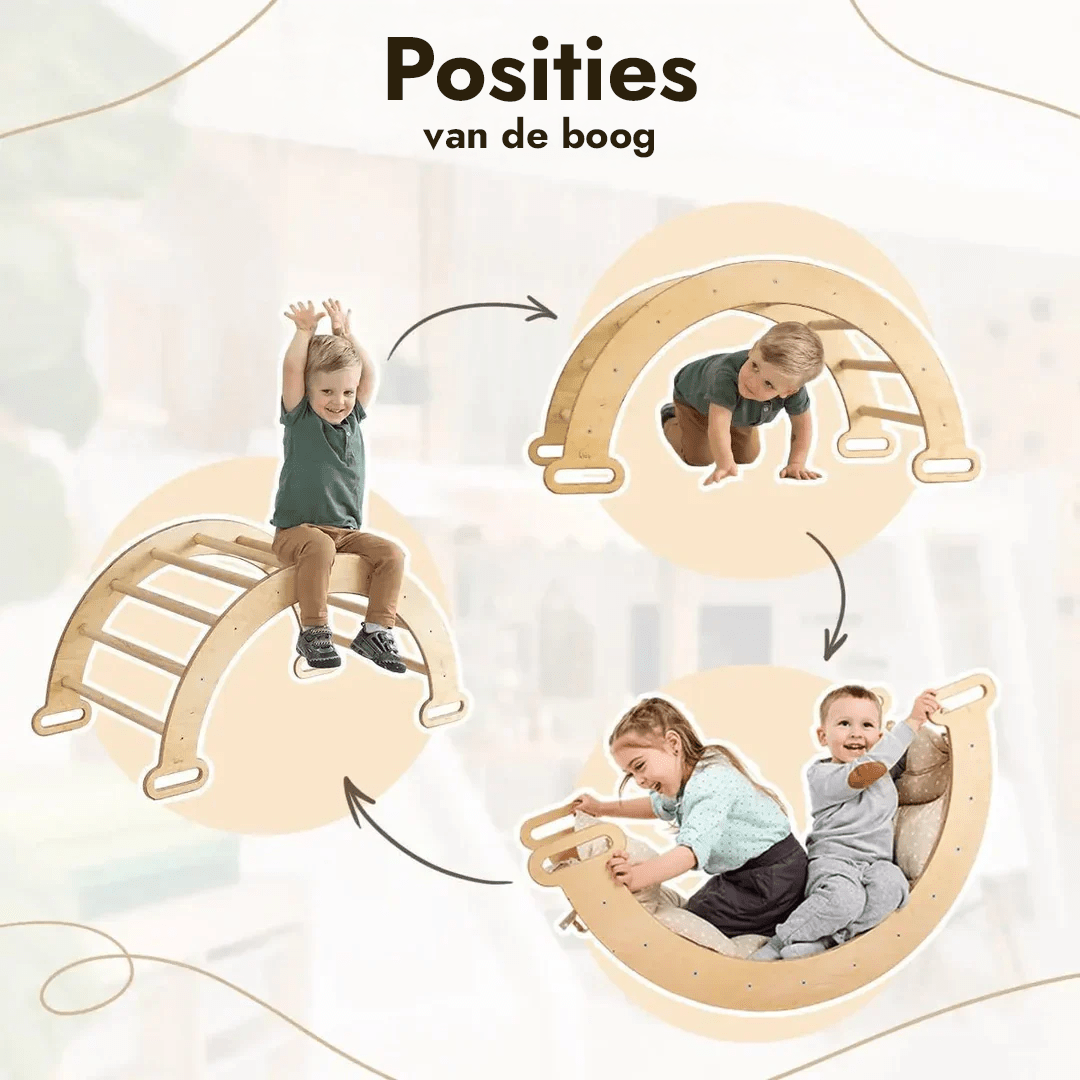 6 - in - 1 Montessori - Klimrek Set: Driehoek Ladder + Boog/Schommelstoel + Glijbaan/Helling + Net + Kussen + kunsttoevoeging - Goodevas NL