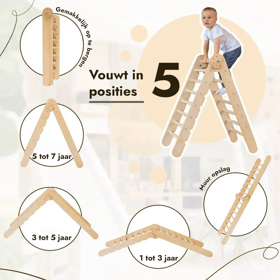6 - in - 1 Montessori - Klimrek Set: Driehoek Ladder + Boog/Schommelstoel + Glijbaan/Helling + Net + Kussen + kunsttoevoeging - Goodevas NL