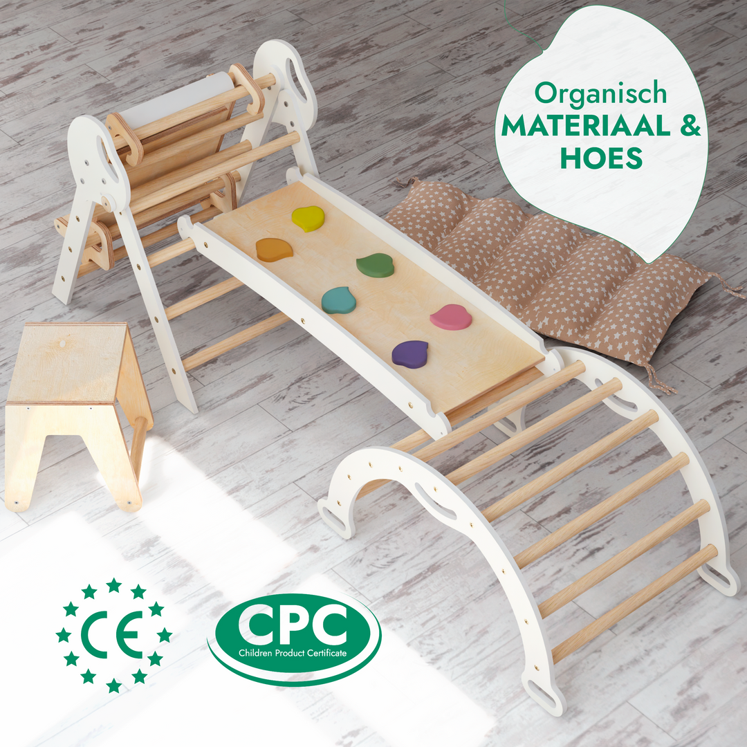 Montessori 4in1 Kletterdreieck für Babys: Pikler-Dreieck, Kletterbogen, Rutschbrett und Kissen für Kleinkinder (1–3 Jahre)