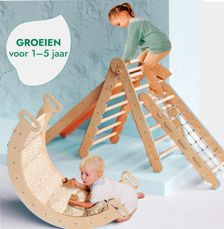 5-in-1 Montessori-Klimrek Set: Driehoek Ladder + Klimboog/Schommelstoel + Glijbaan/Helling + Touwennet + Kussen
