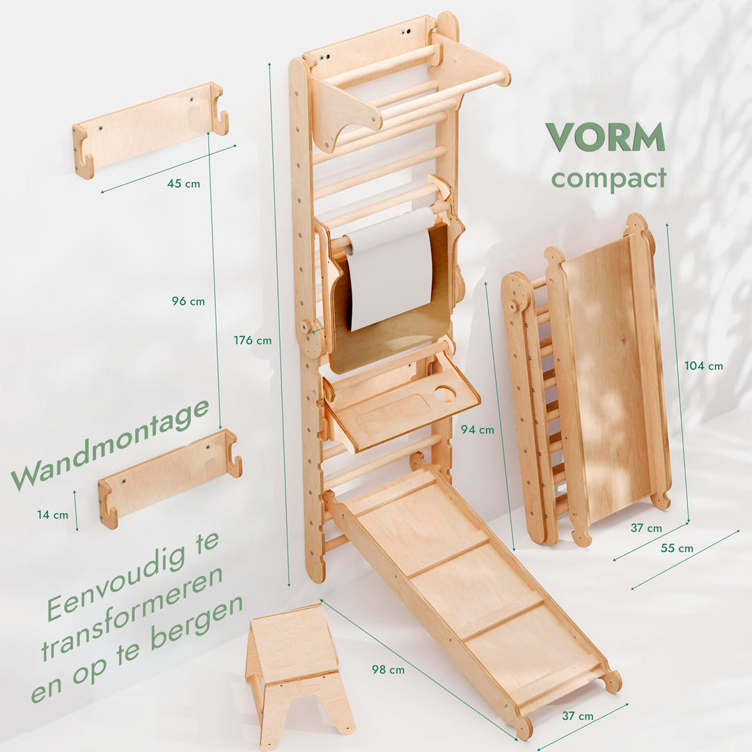 4-in-1 Houten Zweedse Wand-/Klimladder voor Kinderen + Schommel Set + Glijbaan + Kunsttoevoeging