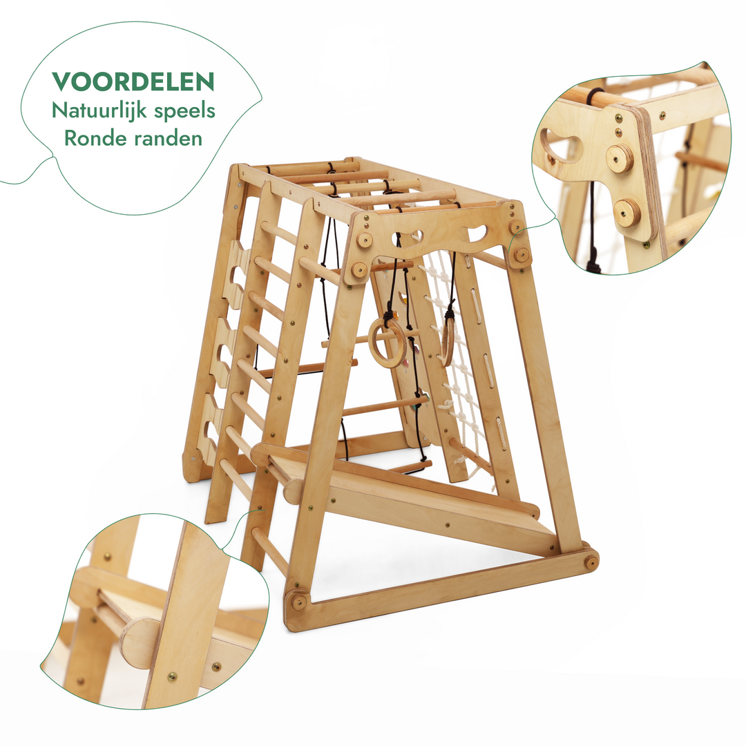 6in1 Indoor-Spielplatz aus Holz für Kinder – Schaukel, Rutsche, Seil und Treppe
