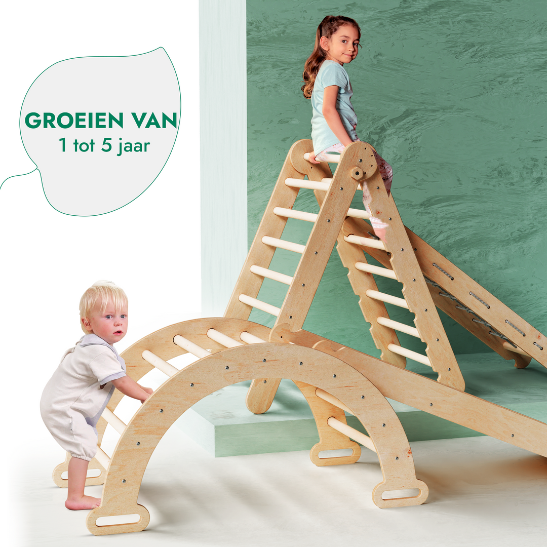 4-in-1 Montessori klimrek set: klimdriehoek met glijbaan, klimboog, klimnet – Gebruikt – als nieuw