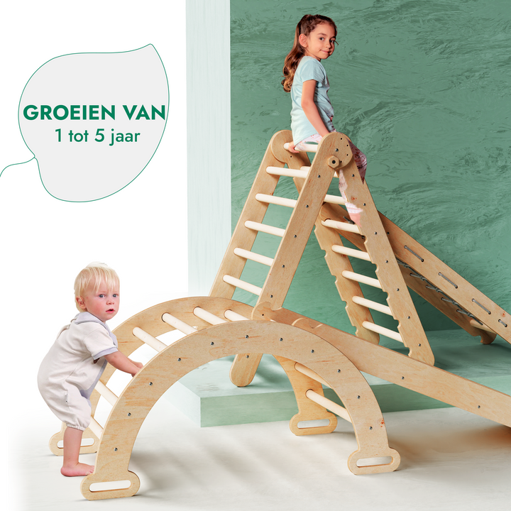 4-in-1 Montessori klimrek set: klimdriehoek met glijbaan, klimboog, klimnet – Gebruikt – als nieuw