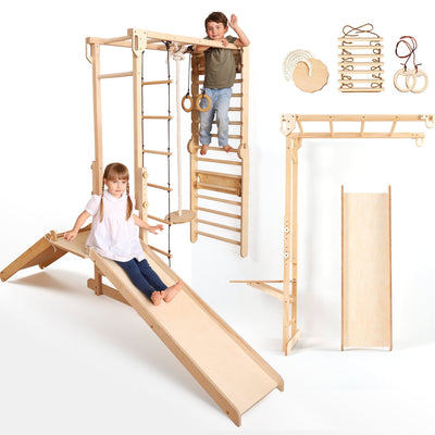 7-in-1 Jungle Speelset voor Kinderen: Zweedse Wand + Apenkooibar + Schommel + Glijbaan + Rampe