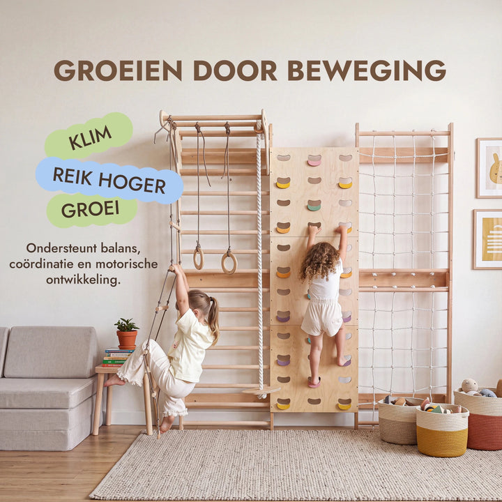 7-in-1 Klimmuur voor kinderen: klimrek, klimnet, optrekstang & 3in1 schommelset - Goodevas NL