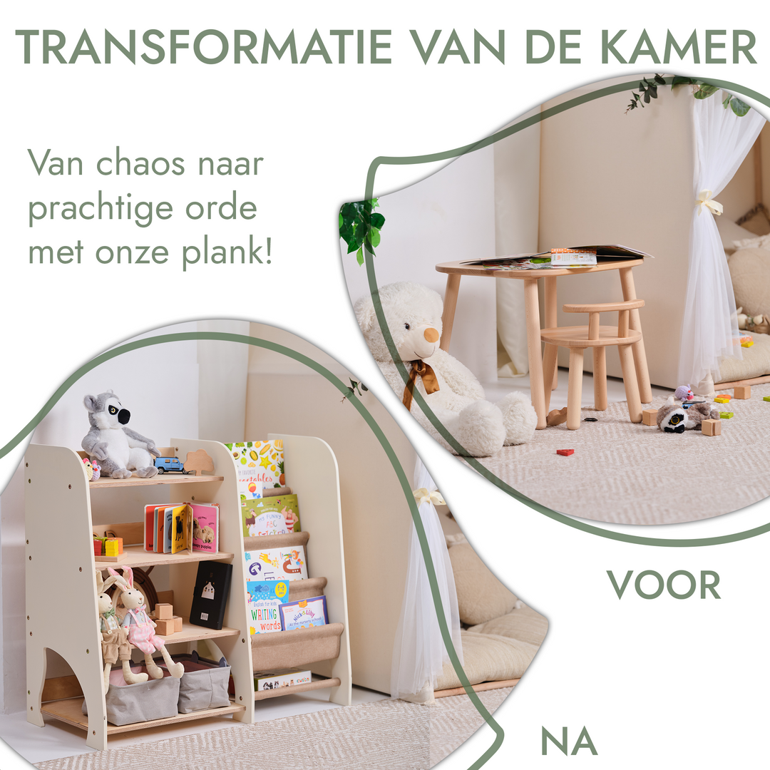 Houten Montessori Planken 2-in-1: Boekenplank & Speelgoed Planken