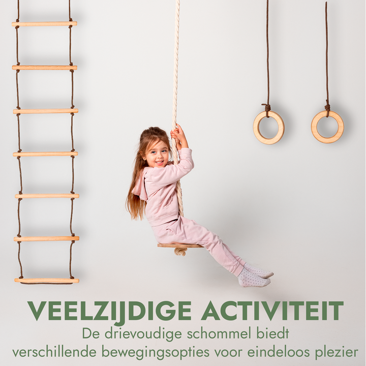 3-in-1 Schommel set: Touwladder + Gymnastiekringen + Schotelschommel
