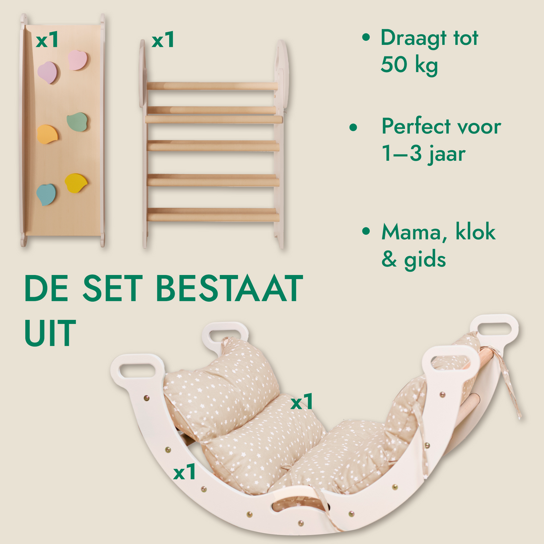4-in-1 Klimset voor Peuters: Driehoek Ladder + Klimboog + Glijbaan + Kussen (1-3 jaar)