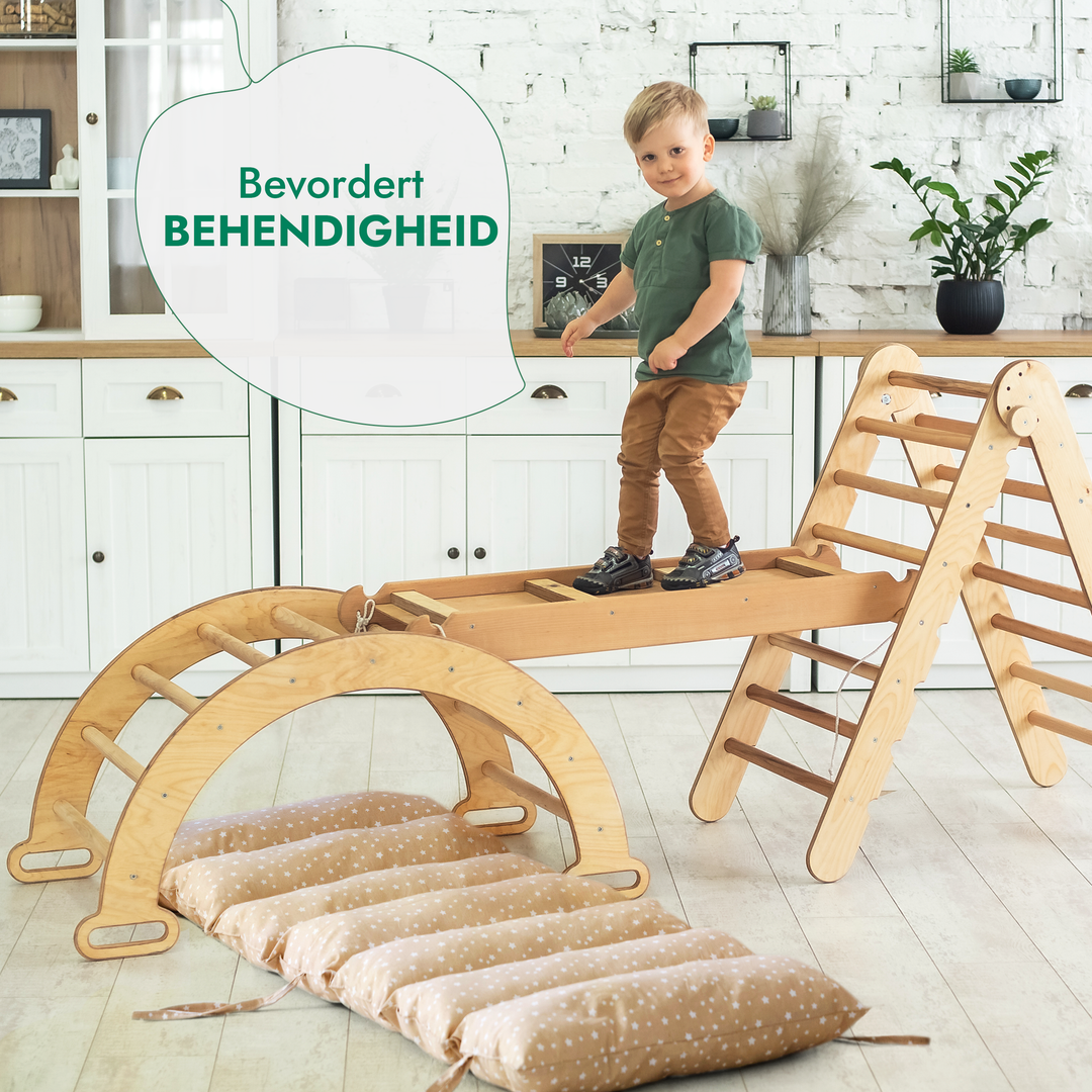 4-in-1 Montessori-Klimrek: Driehoek Ladder + Klimboog + Glijbaan + Kussen Beige