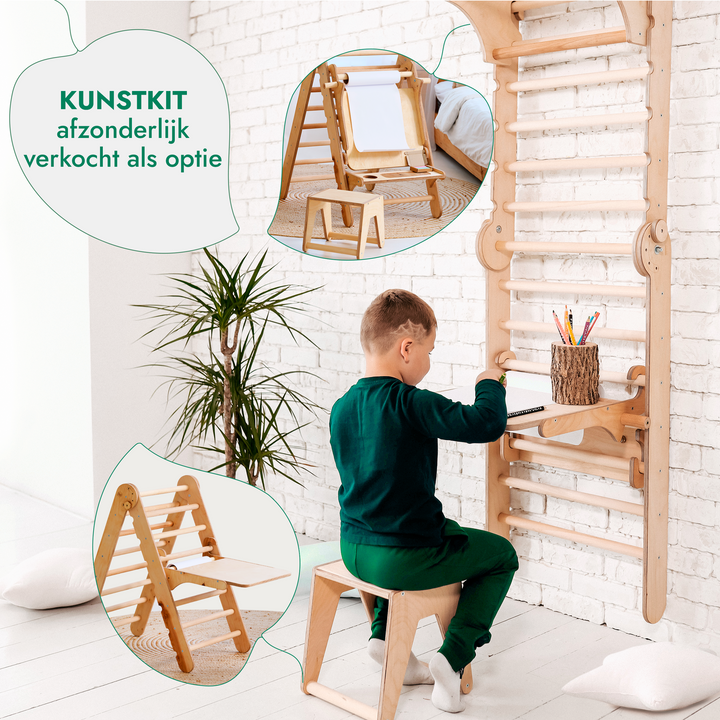 6-in-1 Houten Zweedse Wand-/Klimladder voor Kinderen + Schommel Set + Glijbaan